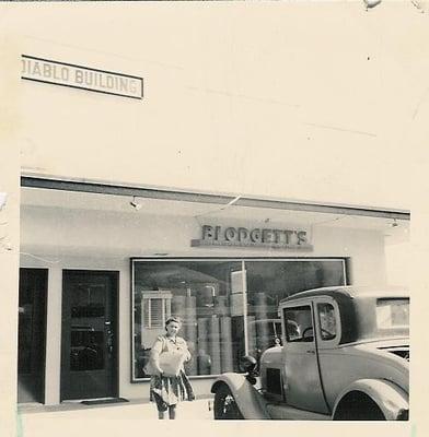 Leah Belle Blodgett in front of Blodgett's Original Store c1947