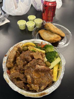 Oxtails Stew with Moro Rice and veggie Vegetable Medley. Beef Empanada & Spinach and Cheese Empanada