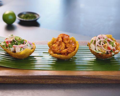 our plantain hats with fresh ceviche and red shrimp.
