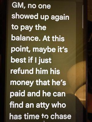 Text of this attorney saying he would return my deposit.