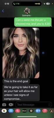 This is the picture SHE suggested. And the price quote. In the text she says THIS is your end goal.