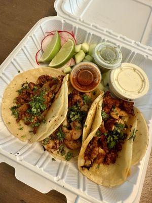Pastor, Shrimp, Choripollo Tacos