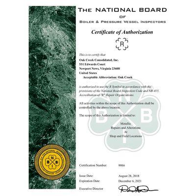 Oak Creek Consolidated, Inc.'s welding certificate of authorization