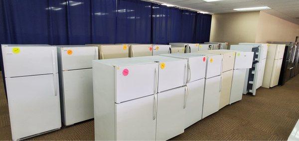 Lots of styles of used and refurbished refrigerators.