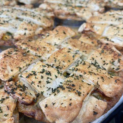 Chicken Pot Pie. They can be found in the freezer section or in the prepared food section.