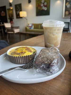 Bacon quiche, banana bread with walnuts, and a blue moon iced coffee (blueberries and cream coffee)