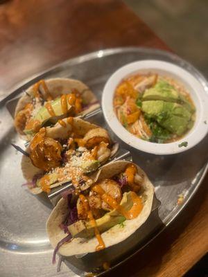 Shrimp Avocado Tacos with Chicken Soup instead of rice/beans. Omg this soup was so good!! Tacos were flavorful as well.
