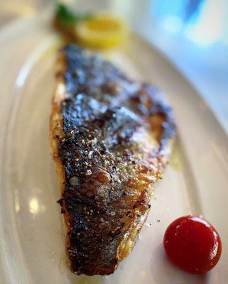 simply grilled branzino, fire-kissed tomatoes, amalfi salt