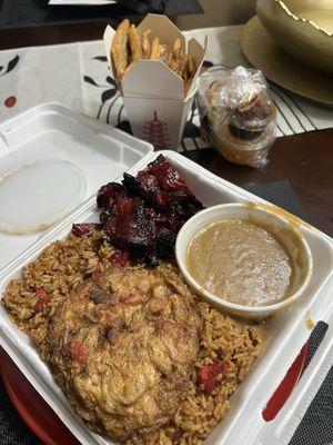 Pork fried rice, boneless ribs, egg foo yung. Scallion pancakes