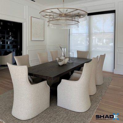 Clean lines, soft light -- this motorized shade brings effortless elegance to the dining room. Designed for comfort, made for moments.