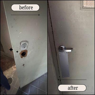 Commercial old hardware replacement on metal door.