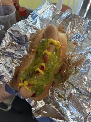 The classic with mustard, relish and ketchup!