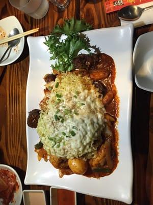 Ddukbokki with ramen and cheese and soondae ...