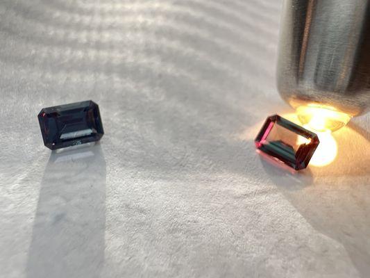 Alexandrite pair, right one under incandescent light