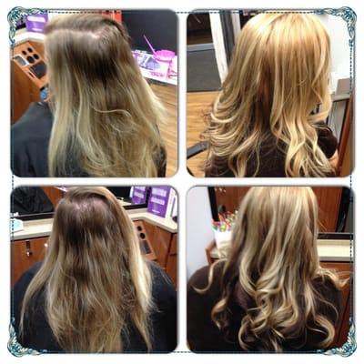Before and after from faded blonde to a golden blonde with chocolate brown underneath