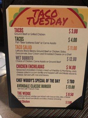 Taco Tuesday menu at Avondale Golf Club. January 2022.