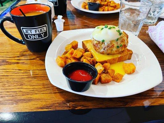 Crab cake Benedict and homefries