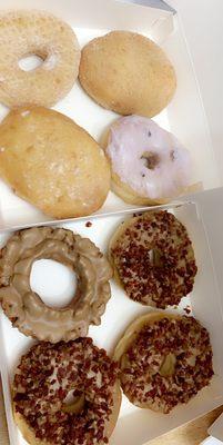 Sugar, blueberry, maple cake, maple bacon, and strawberry creme filled