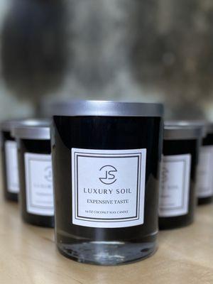 "Expensive Taste". Our 'Baccarat Rouge' inspired scented candle is hand poured and made with coconut wax. 14oz.