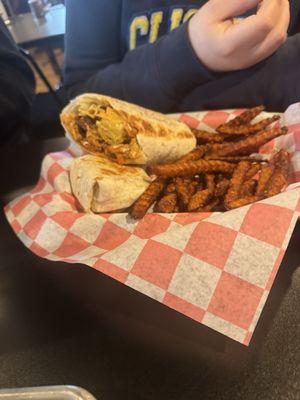 Nashville hot chicken wrap and sweet potato fries