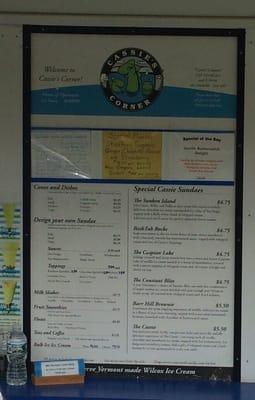 Ice cream and treats menu.