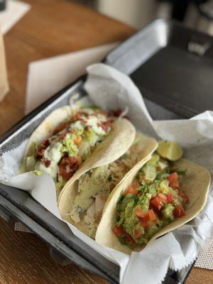 California, Baja, and Wellfit shrimp tacos (from left to right)