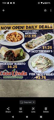 Daily Deals at CasaLinda every week come in and try out all the delicious specials they have to offer