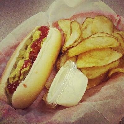 Hot dog and hot chips! Tasty!