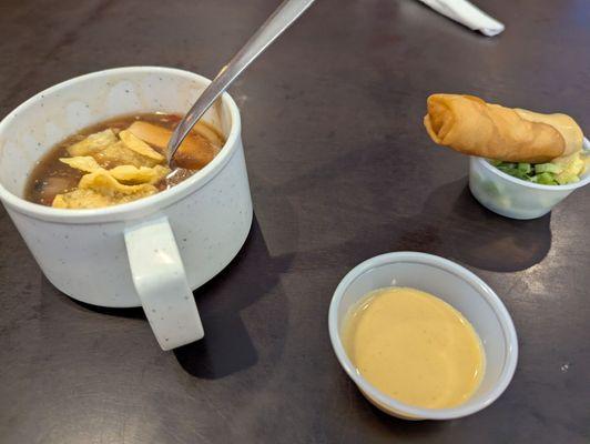 Great Hot & Sour, blow out your sinuses hot Chinese mustard and a hot & crispy veggie spring roll, green onions.