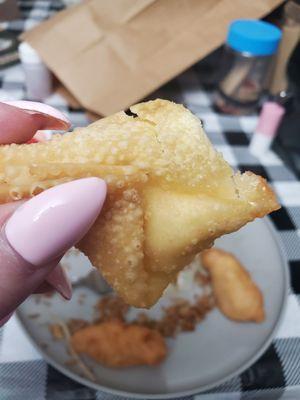 "Crab Rangoon" . Maybe a quarter tablespoon of cream cheese and absolutely no crab wrapped up in a fried wonton. Don't waste your money