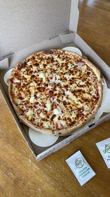 14" thin crust. Canadian bacon, pineapple.