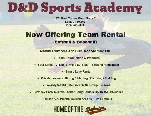 Hitting/Throwing/Catching/Footwork instruction and team space rental.