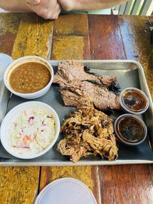Baked beans. Coleslaw. Pulled pork. Brisket.