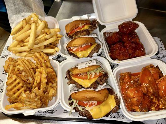 Wings, burgers, and fries. Got a crew box.