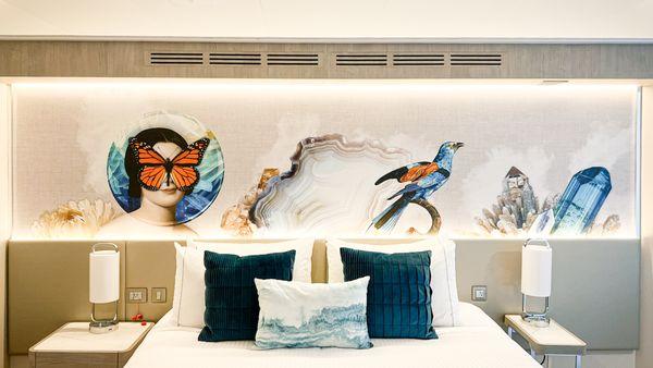Custom printed headboard design in a cruise ship state room!