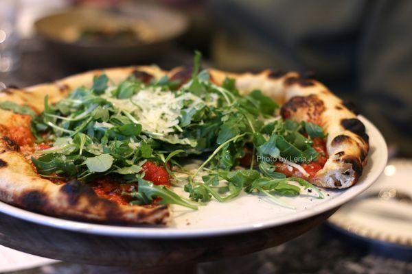 Garlic Pizza ($20) - garlic cloves, Castelvetrano olives, arugula, pecorino