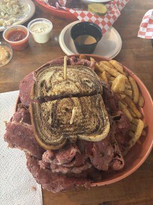 Pastrami overloading the plate!  Three days of meals.