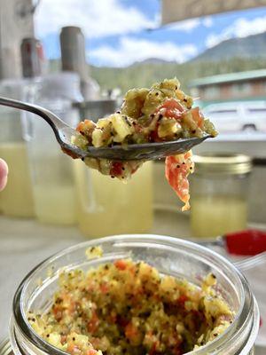 Home made "Chicago Slaw" with mustard, poppy seeds, giardiniera, pickles, onion, jalapenos, tomatoes and a touch of sweet relish!