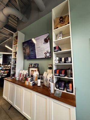 Counter with coffee related goods for sale