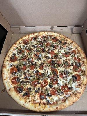 Built our own: pepperoni, sausage, olives, onion, mushroom