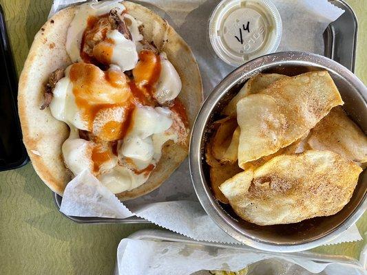 Buffalo chicken pita with pub chips