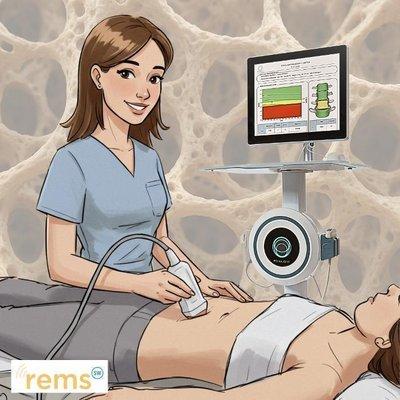 A friendly and professional technician is shown performing a REMS bone scan on a patient.