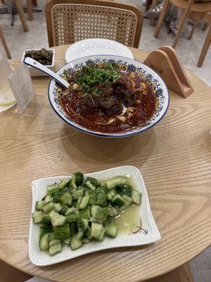 Chongqing beef noodle soup and cucumber salad