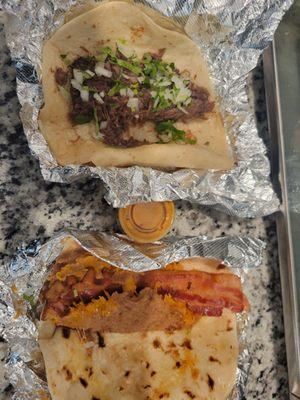 Bean and cheese with bacon and barbacoa. The red salsa is great!