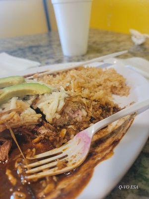 Mole enchiladas more like Runny sauce and soggy tortillas and mystery meat...