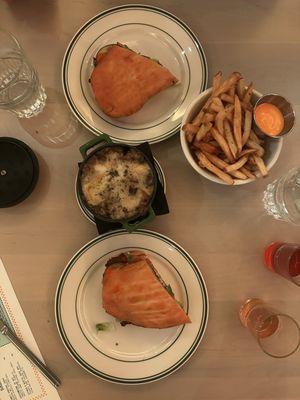 Fried Chicken Sandwich, fries, creamy mushrooms
