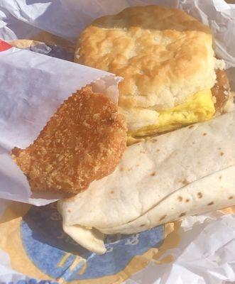 Hash browns, Sausage Burrito & Egg, Cheese & Sausage Biscuit.