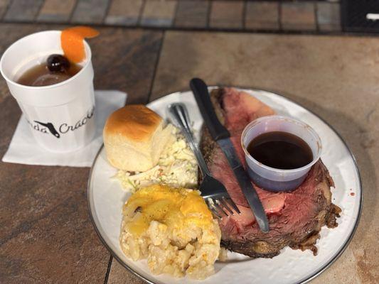 Prime Rib, scallop potatoes, coleslaw and an Old Fashioned