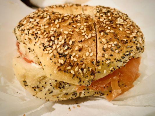 Lox with scallion cream cheese on everything
