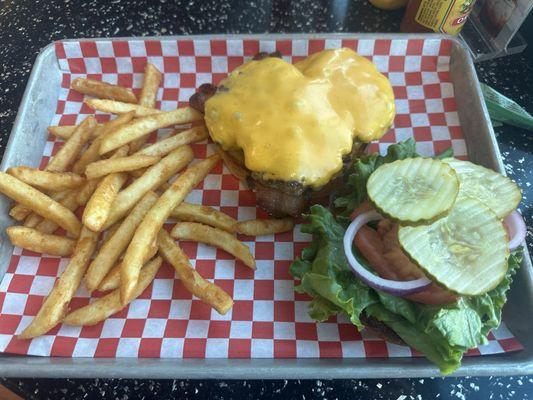 Bacon cheeseburger and fries